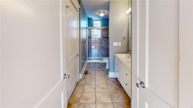 bathroom featuring tile patterned flooring, vanity, a shower with door, and toilet