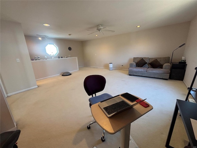 living room featuring ceiling fan and carpet flooring