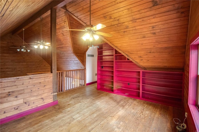 bonus room with hardwood / wood-style floors, wooden walls, wood ceiling, and vaulted ceiling with beams