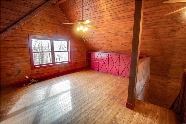 additional living space featuring wood ceiling, wooden walls, light hardwood / wood-style floors, and lofted ceiling with beams