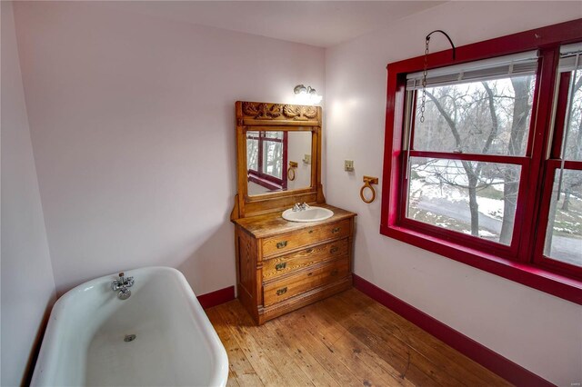 bathroom featuring hardwood / wood-style flooring, a bathtub, and vanity