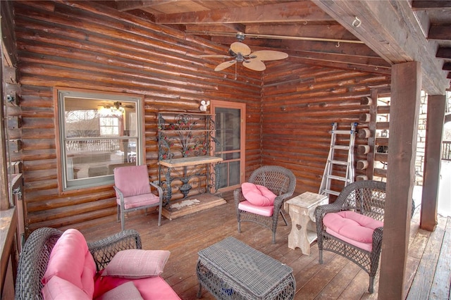 interior space featuring ceiling fan