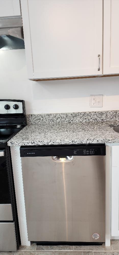 room details with light stone countertops, white cabinetry, stainless steel appliances, and extractor fan