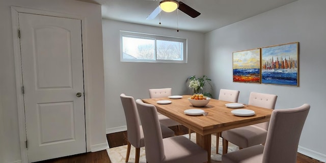 dining space featuring ceiling fan and dark hardwood / wood-style floors