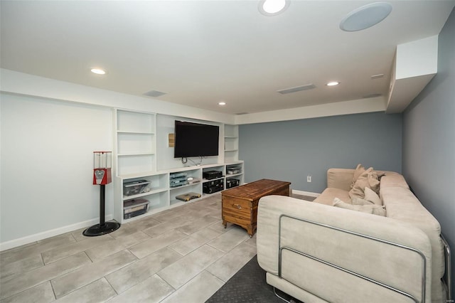 living room with built in shelves