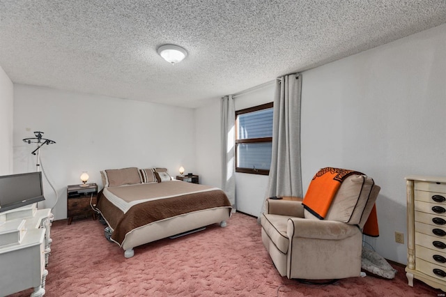 carpeted bedroom with a textured ceiling