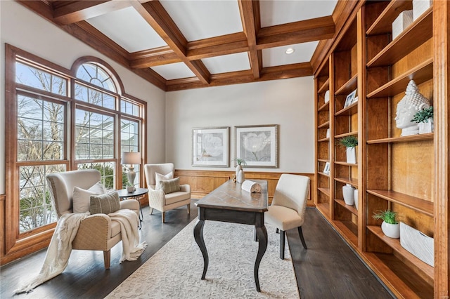 office area featuring wooden walls, coffered ceiling, dark hardwood / wood-style flooring, and beam ceiling