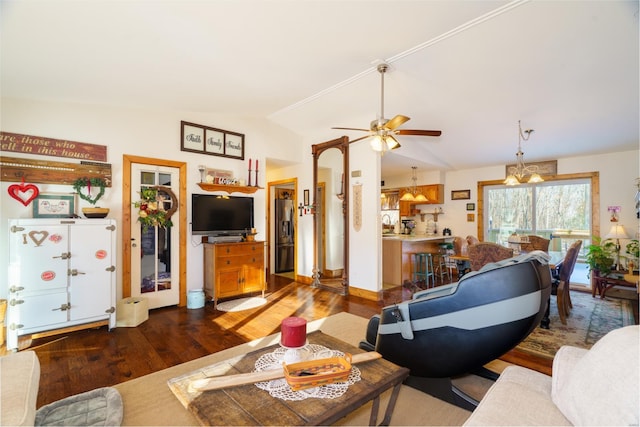 living room with vaulted ceiling, ceiling fan, and wood-type flooring