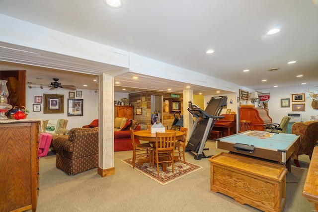 playroom featuring decorative columns, light colored carpet, and ceiling fan