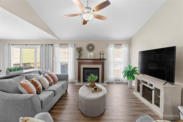 living room with ceiling fan, plenty of natural light, lofted ceiling, and dark hardwood / wood-style flooring