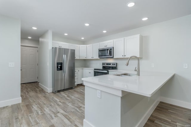 kitchen featuring white cabinetry, stainless steel appliances, sink, kitchen peninsula, and light wood-type flooring