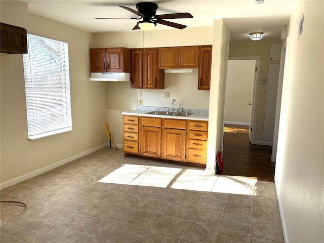 kitchen featuring ceiling fan and sink