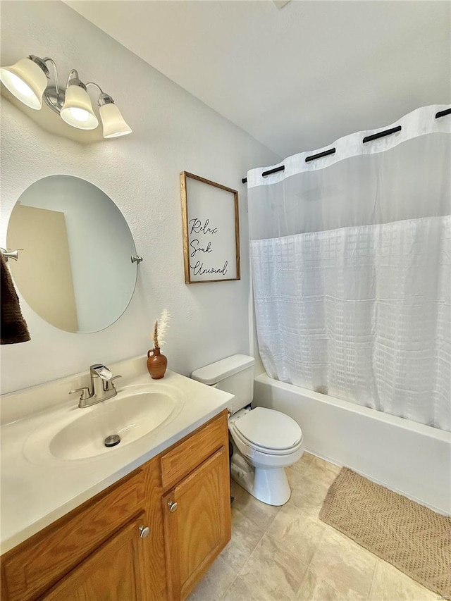 full bathroom with vanity, toilet, and shower / bath combination with curtain