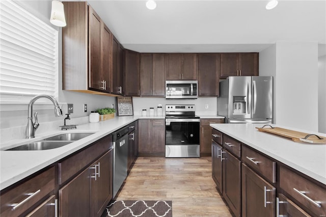 kitchen with sink, hanging light fixtures, dark brown cabinets, light wood-type flooring, and stainless steel appliances