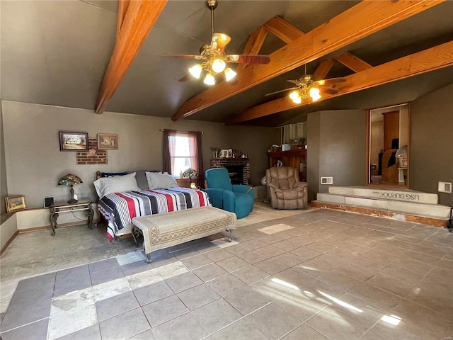 tiled bedroom featuring ceiling fan and vaulted ceiling with beams