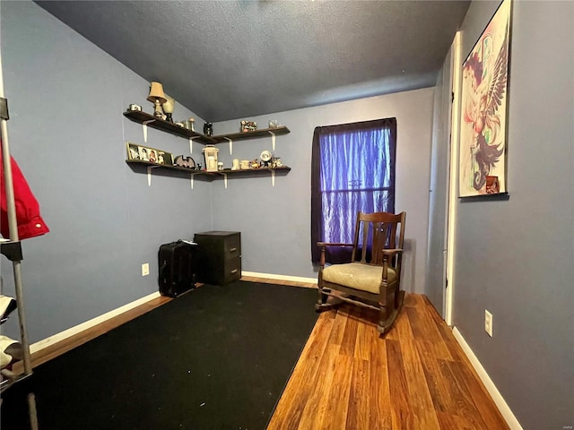 sitting room featuring a textured ceiling and wood-type flooring