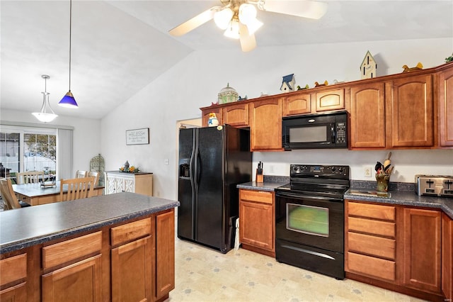 kitchen featuring decorative light fixtures, black appliances, ceiling fan, and lofted ceiling