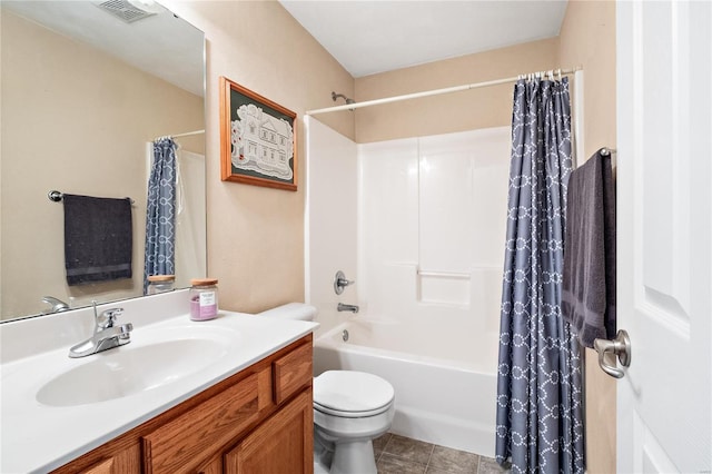 full bathroom featuring vanity, toilet, shower / bath combo, and tile patterned flooring