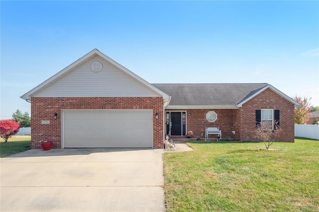 ranch-style house featuring brick siding, concrete driveway, a garage, and a front yard