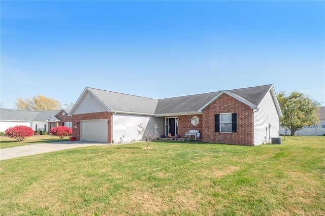 ranch-style home featuring a front yard, a garage, brick siding, and driveway