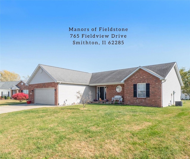 ranch-style house featuring a front yard, an attached garage, brick siding, and driveway