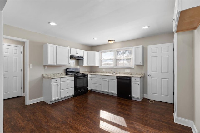 kitchen featuring black appliances, white cabinetry, dark hardwood / wood-style floors, and sink