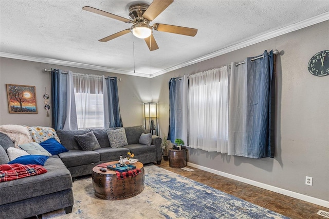living room featuring crown molding, a textured ceiling, and ceiling fan