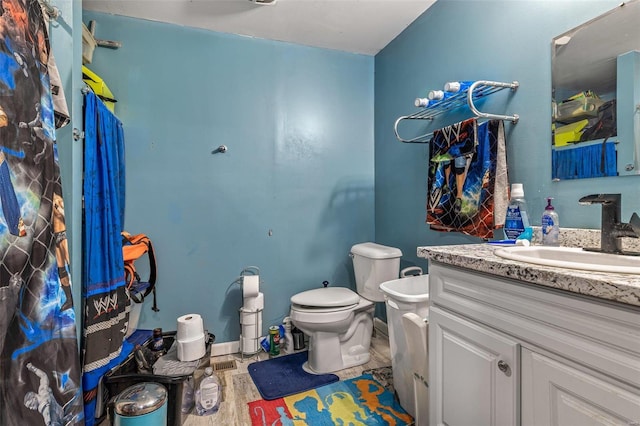 bathroom with hardwood / wood-style flooring, vanity, and toilet
