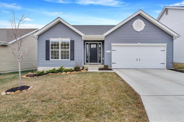 single story home with a garage and a front lawn