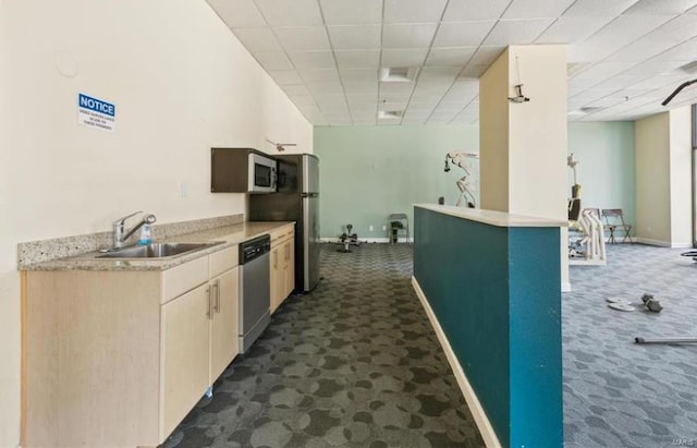 kitchen with stainless steel appliances, sink, and dark colored carpet