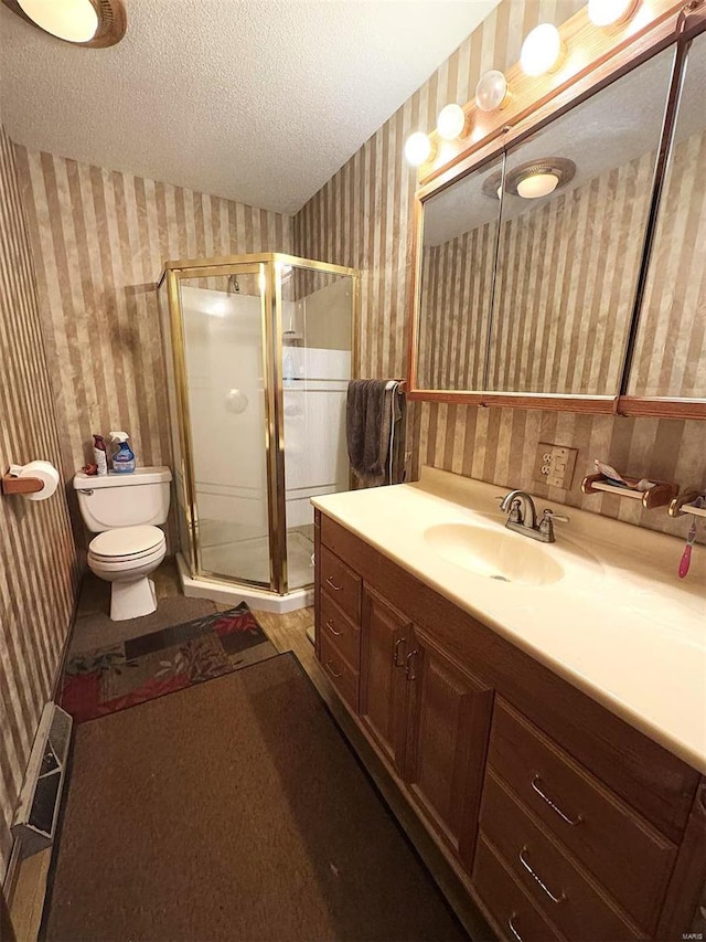 bathroom featuring vanity, a shower with door, toilet, and a textured ceiling