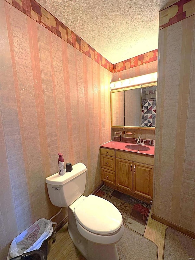 bathroom featuring vanity, toilet, and a textured ceiling