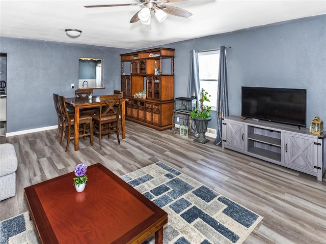 living room with hardwood / wood-style floors and ceiling fan