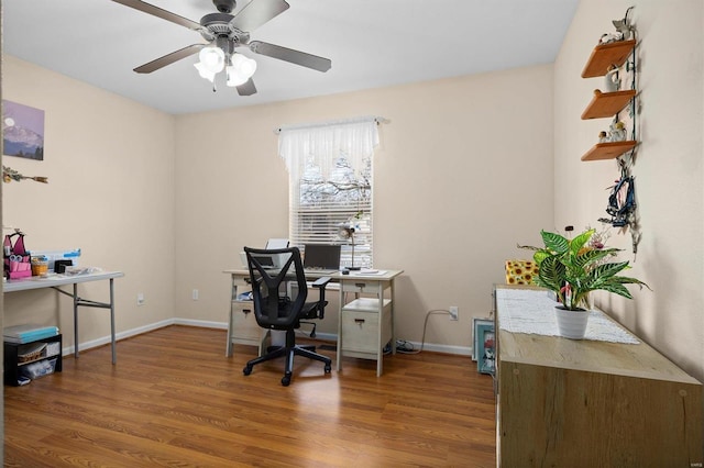 home office with ceiling fan and wood-type flooring