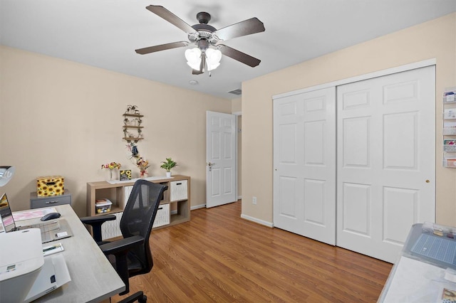 office space with ceiling fan and wood-type flooring