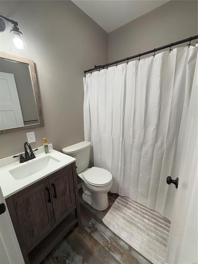 bathroom featuring vanity, hardwood / wood-style floors, and toilet