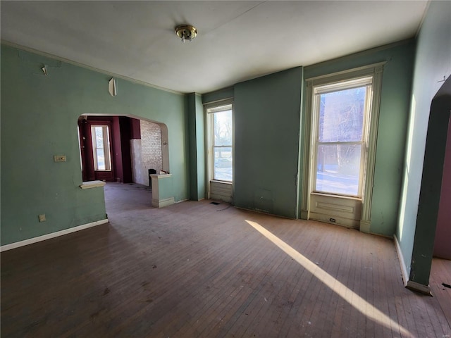 interior space featuring wood-type flooring, ornamental molding, and a healthy amount of sunlight