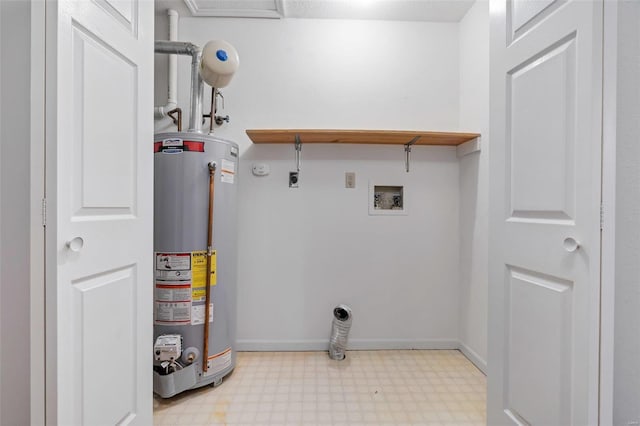 laundry area with hookup for an electric dryer, hookup for a washing machine, and gas water heater