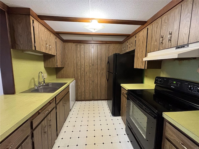 kitchen with sink, wooden walls, dishwasher, black range with electric cooktop, and beam ceiling