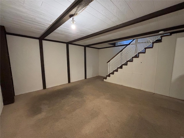 basement featuring carpet and wood ceiling