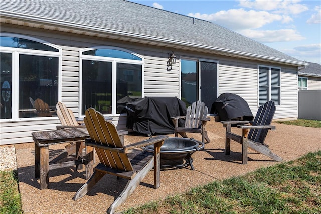 view of patio / terrace featuring an outdoor fire pit and area for grilling