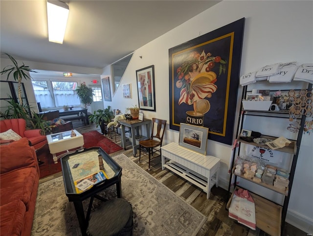 living room featuring dark wood-type flooring