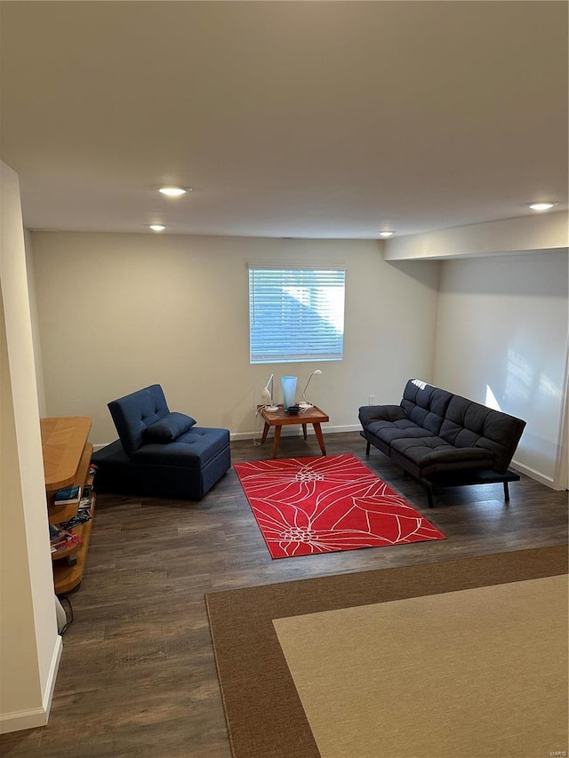 living room with dark hardwood / wood-style flooring