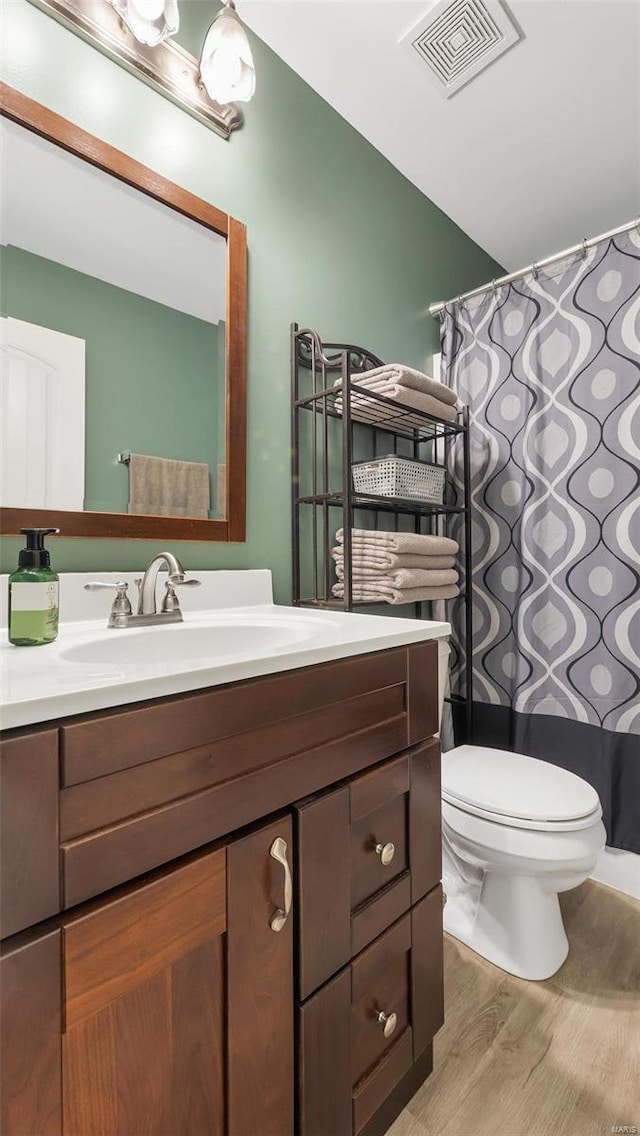 bathroom featuring vanity, toilet, and hardwood / wood-style floors