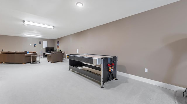 game room with light colored carpet