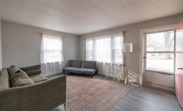 living area featuring a textured ceiling and wood finished floors