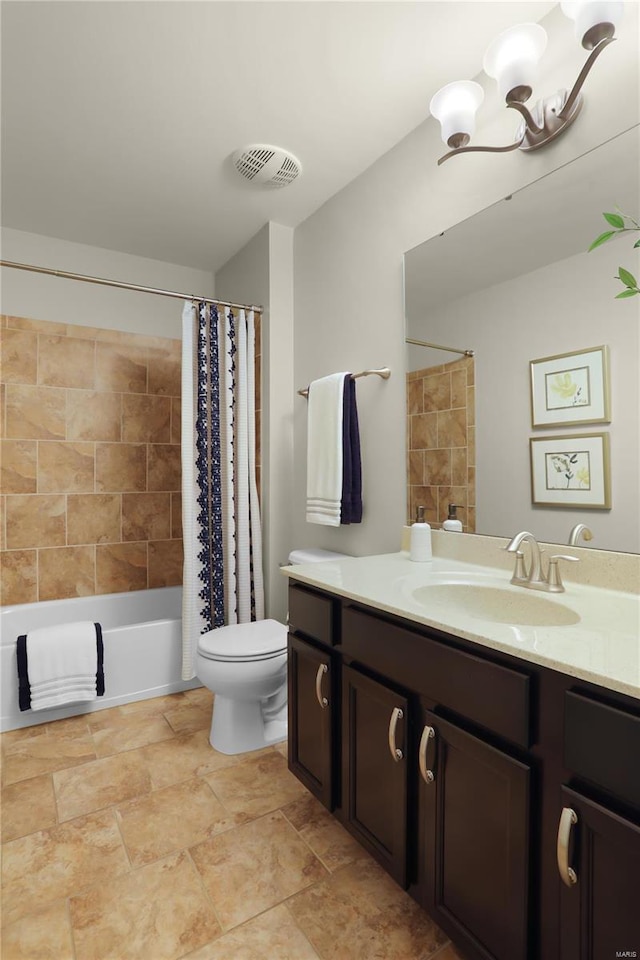 full bathroom with toilet, vanity, and shower / tub combo