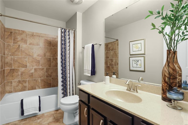 full bathroom featuring vanity, toilet, shower / bath combination with curtain, and tile patterned floors