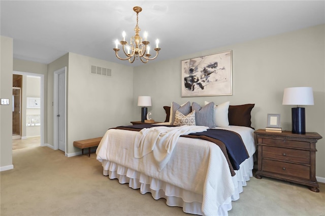 bedroom with light carpet and a chandelier