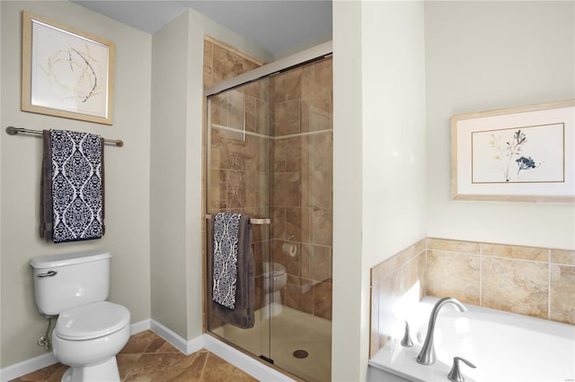 bathroom with independent shower and bath, toilet, and tile patterned flooring